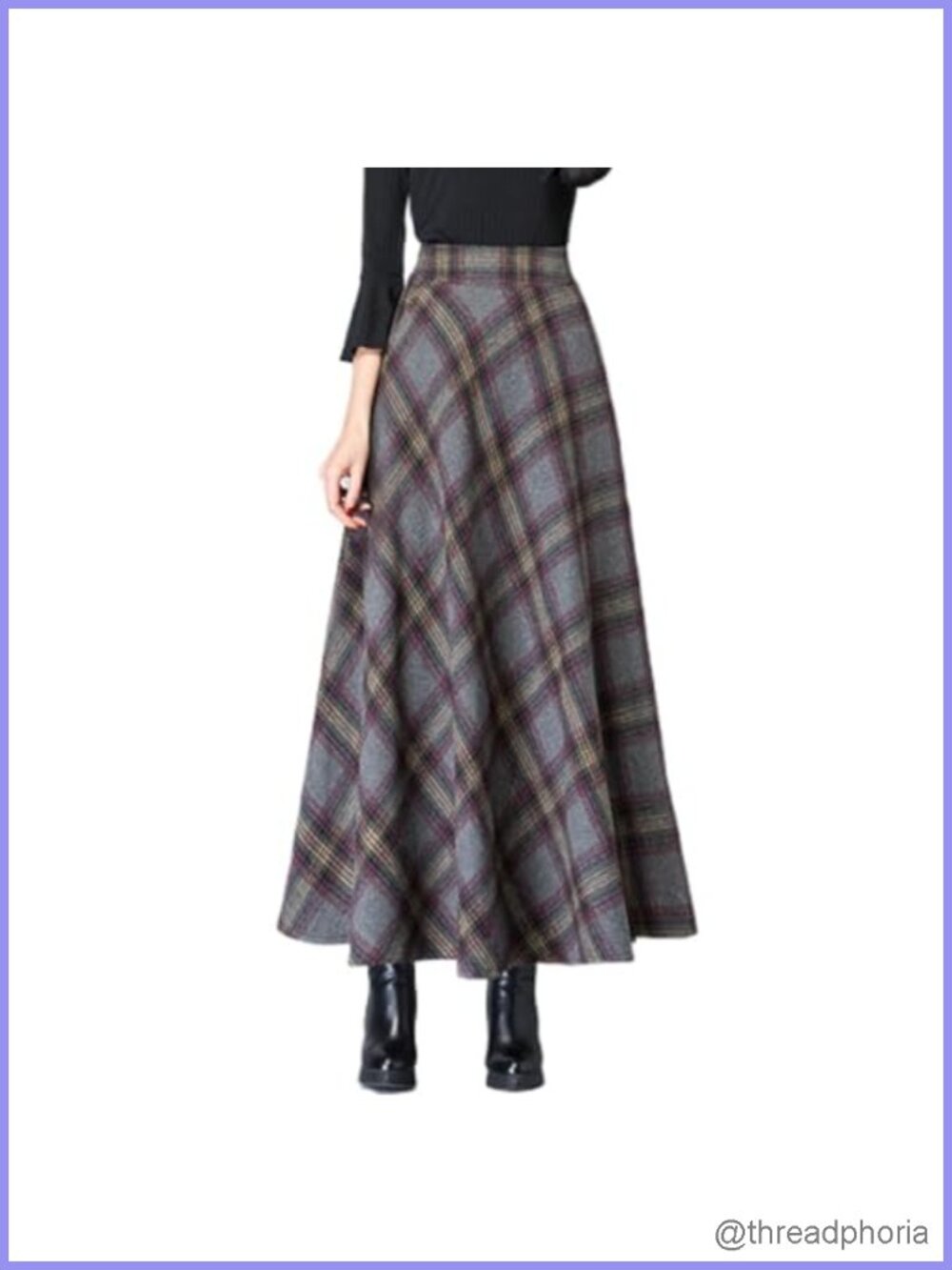 Women's Plaid High Waisted A-Line Midi Skirt with Pockets Flowy Flared